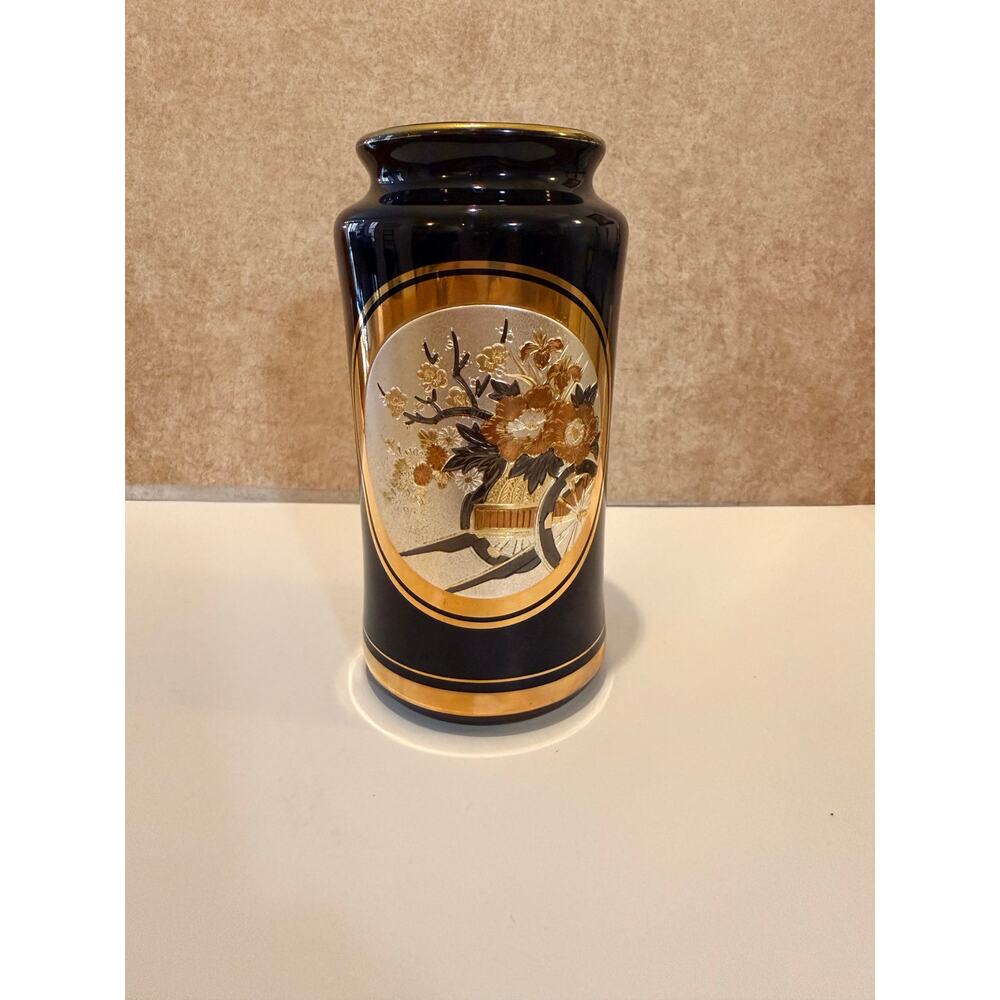 Vintage 11" Art Chokin Japanese Vase 24K Gold Gilded Imperial Flower Cart Black - Picture 6 of 12